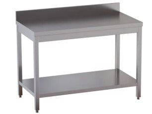 Tavolo da Lavoro Inox CON ripiano CON alzatina CERTIFICATO su gambe quadre dim. 120x60x85h REGOLABILE fino a 90h con piedini Tavolo da Lavoro Inox CON ripiano CON alzatina CERTIFICATO su gambe quadre dim. 120x60x85h REGOLABILE fino a 90h con piedini