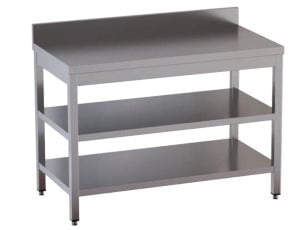 Tavolo da Lavoro Inox Certificato CON 2 ripiani CON alzatina su gambe quadre dim. 60x60x85h REGOLABILE fino a 90h con piedini