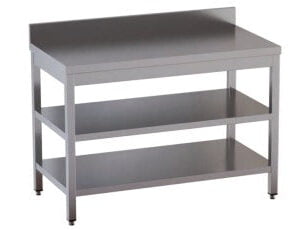 Tavolo da Lavoro Inox Certificato CON 2 ripiani CON alzatina su gambe quadre dim. 180x60x85h REGOLABILE fino a 90h con piedini