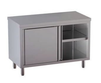 Tavolo in Acciaio Inox CERTIFICATO Armadiato Senza alzatina dim. 160x60x85h REGOLABILE fino a 90h con piedini Con ripiano di Fondo e Ripiano Intermedio PORTE SCORREVOLI Tavolo in Acciaio Inox CERTIFICATO Armadiato Senza alzatina dim. 160x60x85h REGOLABILE fino a 90h con piedini Con ripiano di Fondo e Ripiano Intermedio PORTE SCORREVOLI