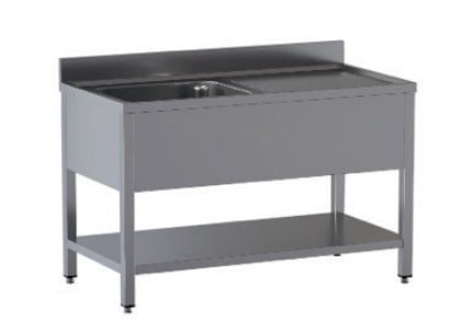 Lavello in Acciaio Inox CERTIFICATO A giorno su gambe quadre + ripiano di fondo 1 vasca + Gocciolatoio dim. 110x60x85h REGOLABILE fino a 90h con piedini