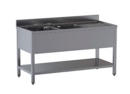 Lavello in Acciaio Inox CERTIFICATO A giorno su gambe quadre + ripiano di fondo 2 vasche + Gocciolatoio dim. 200x60x85h REGOLABILE fino a 90h con piedini Lavello in Acciaio Inox CERTIFICATO A giorno su gambe quadre + ripiano di fondo 2 vasche + Gocciolatoio dim. 200x60x85h REGOLABILE fino a 90h con piedini