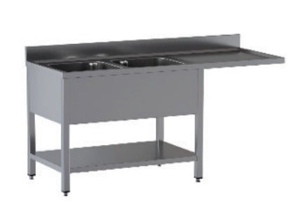 Lavello in Acciaio Inox CERTIFICATO A giorno su gambe quadre + ripiano di fondo 2 vasche + Gocciolatoio a Sbalzo Per Vano Lavastoviglie dim. 160x60x85h REGOLABILE fino a 90h con piedini Lavello in Acciaio Inox CERTIFICATO A giorno su gambe quadre + ripiano di fondo 2 vasche + Gocciolatoio a Sbalzo Per Vano Lavastoviglie dim. 160x60x85h REGOLABILE fino a 90h con piedini