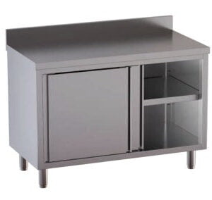 Tavolo in Acciaio Inox CERTIFICATO Armadiato CON alzatina dim. 180x70x85h REGOLABILE fino a 90h con piedini Con ripiano di Fondo e Ripiano Intermedio PORTE SCORREVOLI