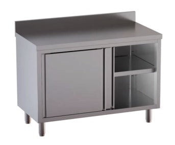 Tavolo in Acciaio Inox CERTIFICATO Armadiato CON alzatina dim. 180x70x85h REGOLABILE fino a 90h con piedini Con ripiano di Fondo e Ripiano Intermedio PORTE SCORREVOLI Tavolo in Acciaio Inox CERTIFICATO Armadiato CON alzatina dim. 180x70x85h REGOLABILE fino a 90h con piedini Con ripiano di Fondo e Ripiano Intermedio PORTE SCORREVOLI