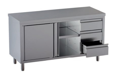 Tavolo in Acciaio Inox CERTIFICATO Armadiato Senza alzatina CON CASSETTIERA dim. 150x70x85h REGOLABILE fino a 90h con piedini Tavolo in Acciaio Inox CERTIFICATO Armadiato Senza alzatina CON CASSETTIERA dim. 150x70x85h REGOLABILE fino a 90h con piedini