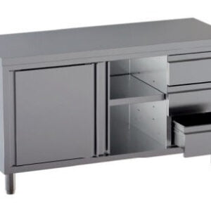 Tavolo in Acciaio Inox CERTIFICATO Armadiato Senza alzatina CON CASSETTIERA dim. 200x70x85h REGOLABILE fino a 90h con piedini