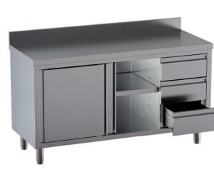 Tavolo in Acciaio Inox CERTIFICATO Armadiato CON CASSETTIERA CON Alzatina dim. 200x60x85h REGOLABILE fino a 90h con piedini