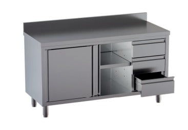 Tavolo in Acciaio Inox CERTIFICATO Armadiato CON CASSETTIERA CON Alzatina dim. 200x60x85h REGOLABILE fino a 90h con piedini Tavolo in Acciaio Inox CERTIFICATO Armadiato CON CASSETTIERA CON Alzatina dim. 200x60x85h REGOLABILE fino a 90h con piedini